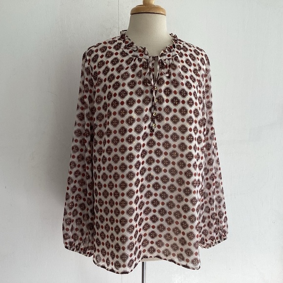 Talbots Tops - Talbots Flowy Red / White/ Damask Print Ruffle Neck Faux Button Tie Blouse XL